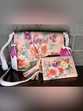Anuschka Floral Bird Hand Painted Leather Crossbody Purse Wallet Set NWT